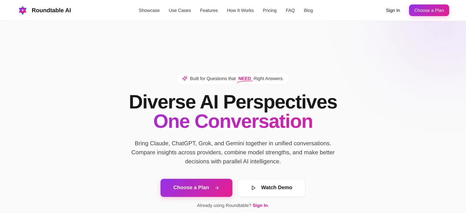 The round-table.ai home page: “Diverse AI Perspectives, One Conversation”, bringing Claude, ChatGPT, Grok and Gemini together in one conversation.